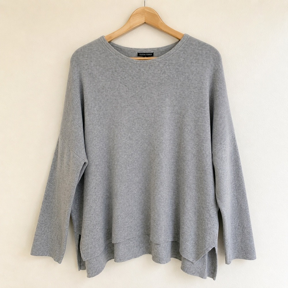Eileen Fisher Sweater Gray Long Sleeve High Low Hem Ribbed Oversized / Size XL
